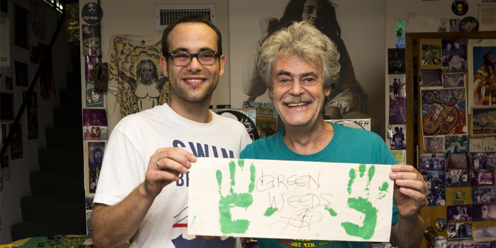 Roger Steffens & Arpa Film Festival's creative director Vanja Srdic with Lee Scratch Perry's hand prints